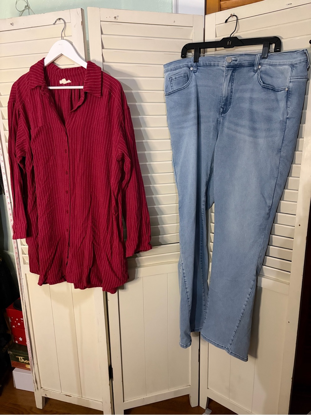 Two piece outfit including DG2 flare leg jeans and an Easel button down top